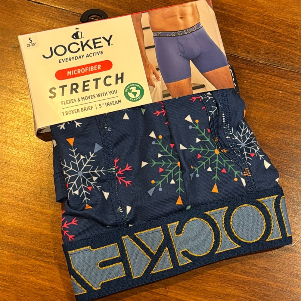 NWT Jockey Active Microfiber Boxer Brief 5” Inseam 1 Pair Small 28-30” Snowflake